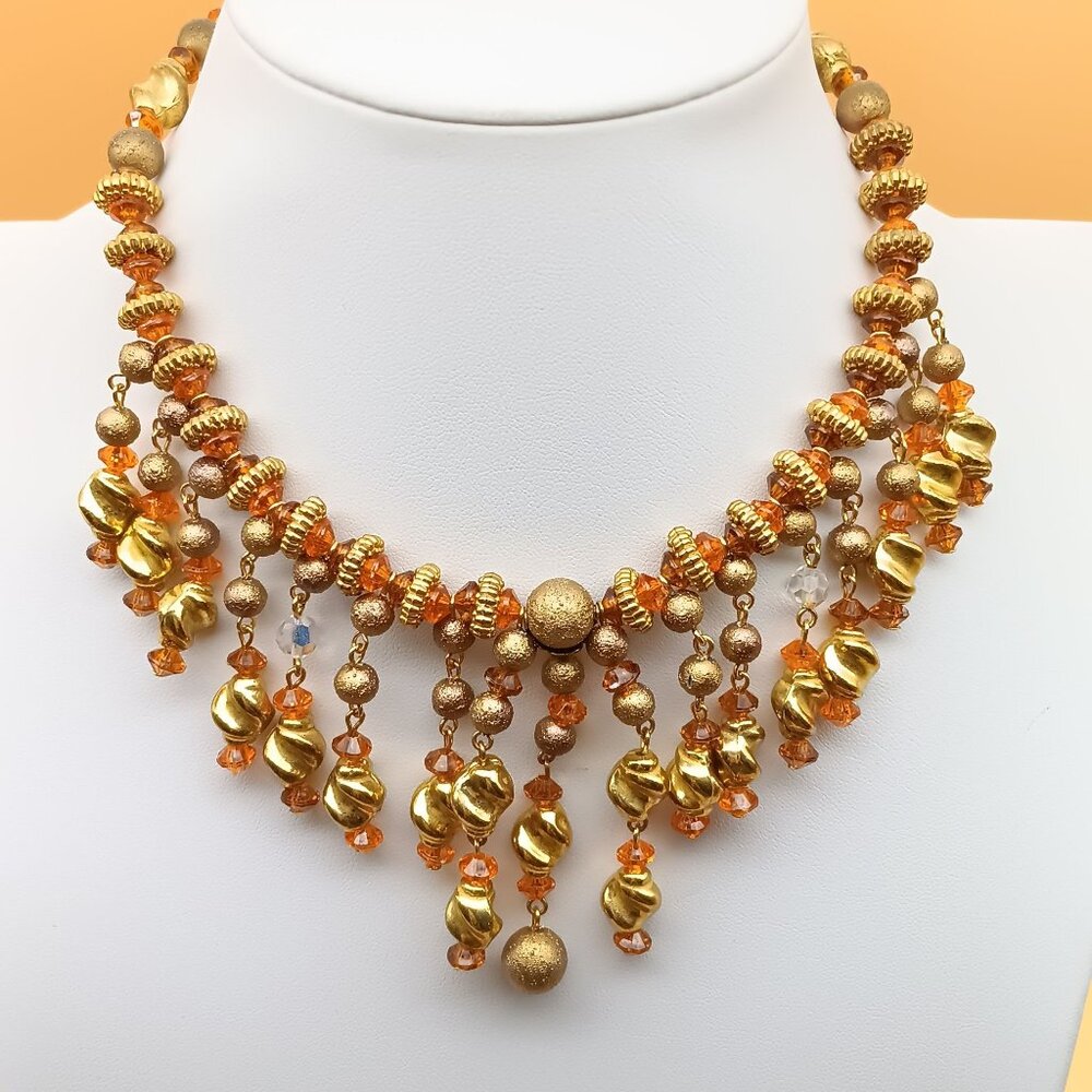 Vintage Golden Twist and Orange Beaded Bib Statement Necklace with Tiered Dangle